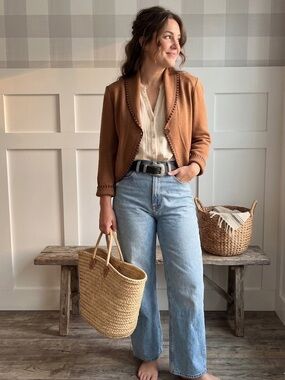 St. John Collection Rich Tan Cropped Knit Shawl-Collar Cardigan 8